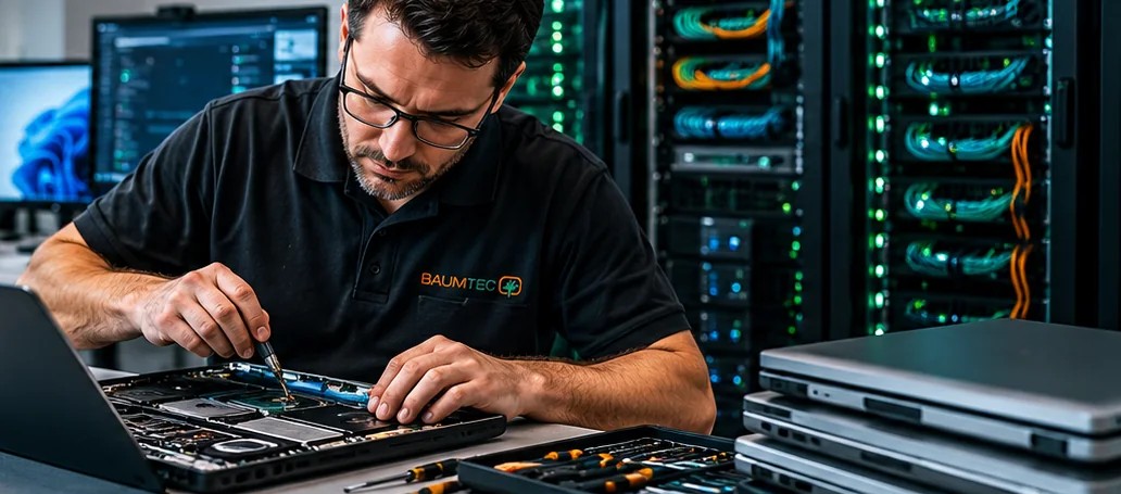 Técnico especializado realizando manutenção interna de notebook em bancada de trabalho
